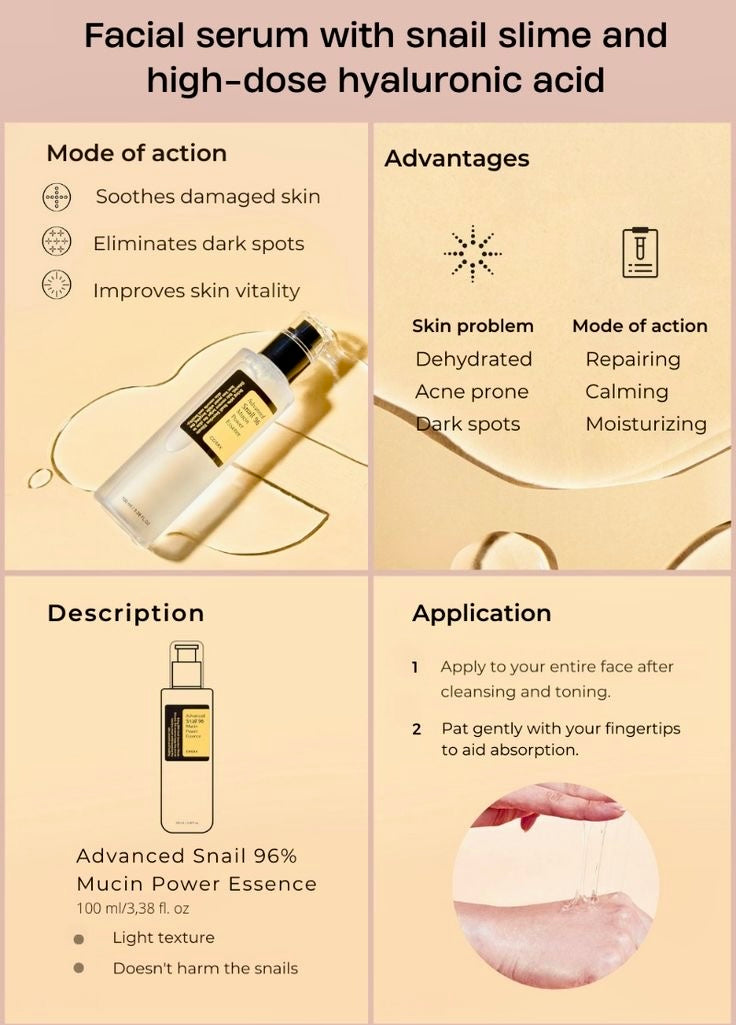 COSRX Snail Mucin 96% Power Face Serum 3.38 fl oz 100ml, Hydrating Serum for Face, Self Care, Glow Skin under Makeup, Korean Skin Care, Korean Beauty. - One4AllEssentials 