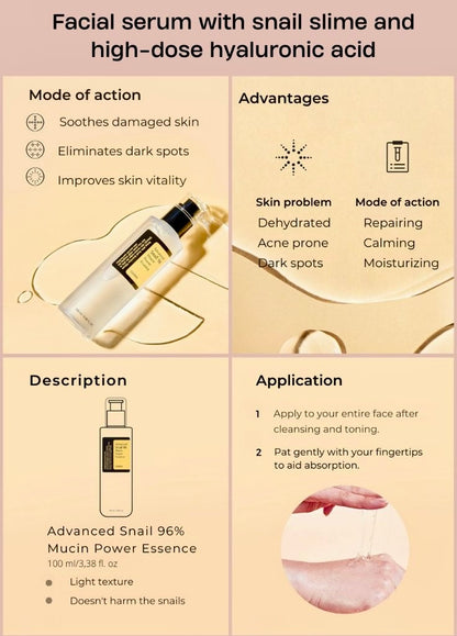 COSRX Snail Mucin 96% Power Face Serum 3.38 fl oz 100ml, Hydrating Serum for Face, Self Care, Glow Skin under Makeup, Korean Skin Care, Korean Beauty. - One4AllEssentials 