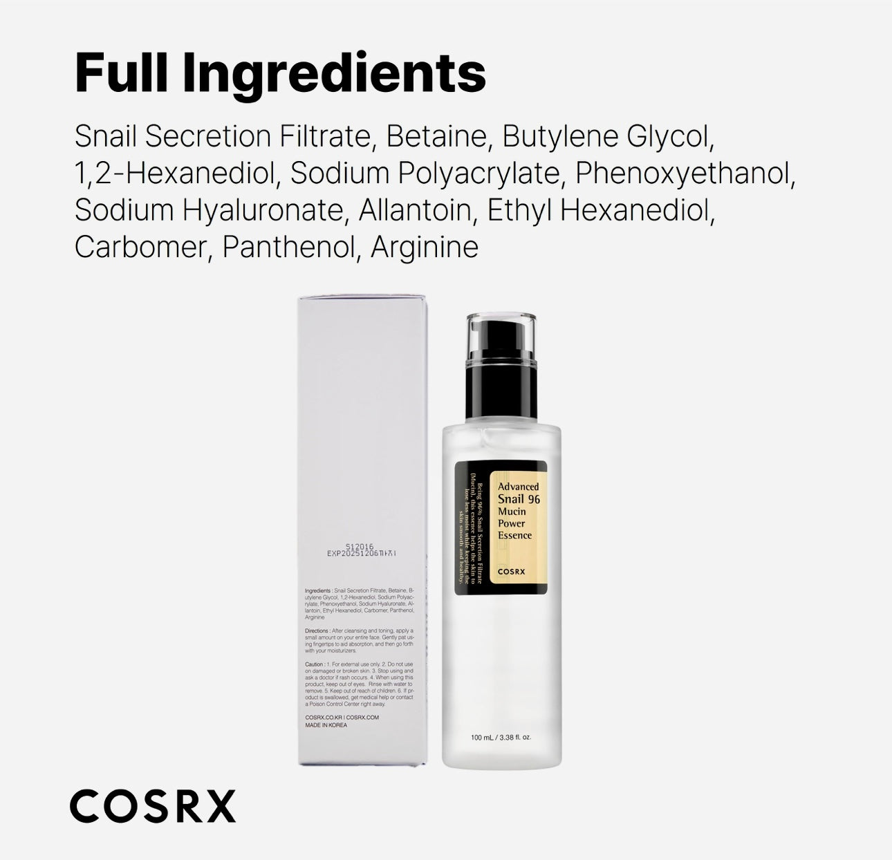 COSRX Snail Mucin 96% Power Face Serum 3.38 fl oz 100ml, Hydrating Serum for Face, Self Care, Glow Skin under Makeup, Korean Skin Care, Korean Beauty. - One4AllEssentials 